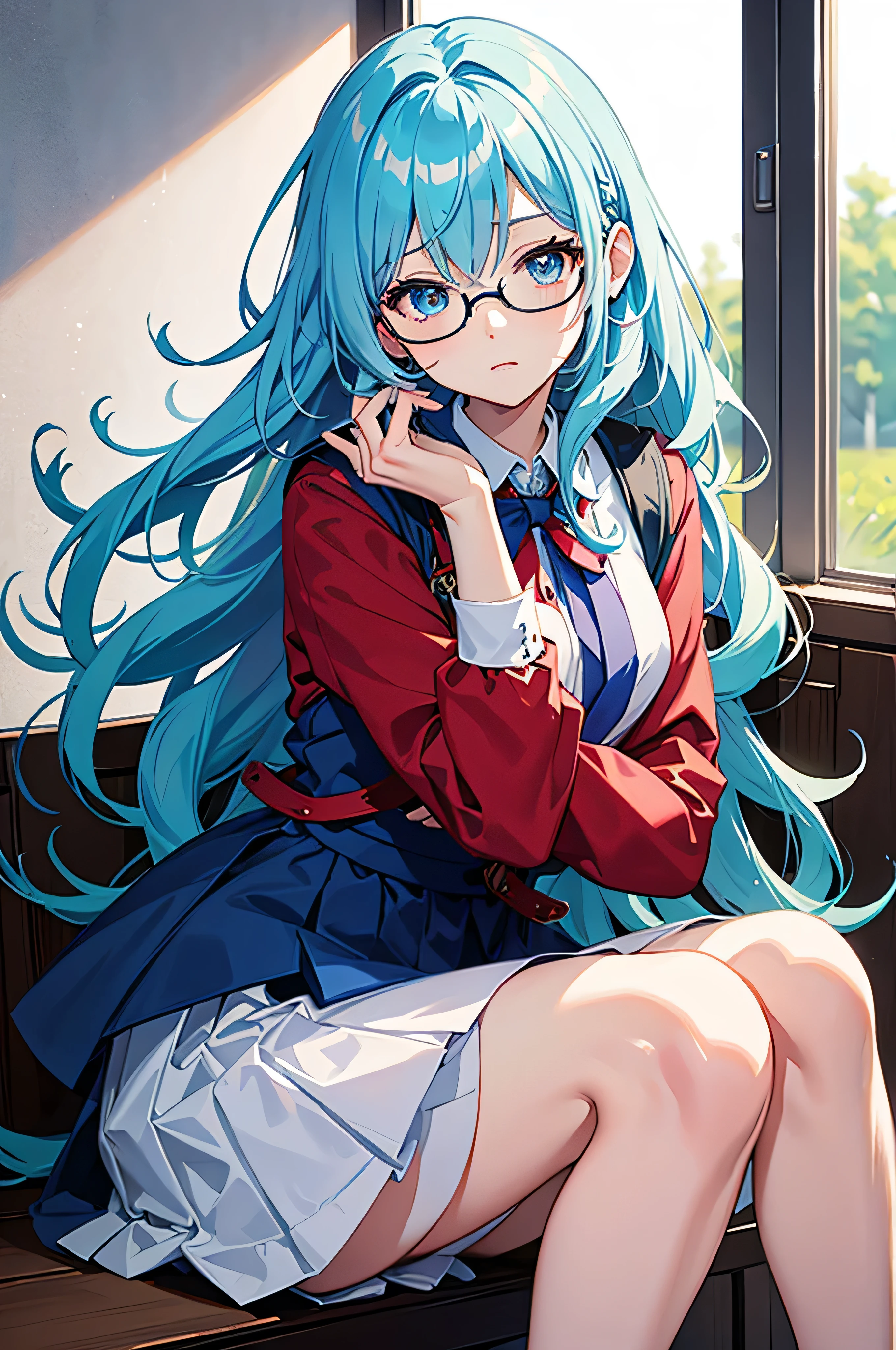 hd, Anime girl, portrait of female student, clean and meticulous anime art, light blue hair, beautiful anime art style, cute anime girl portrait, blue eyes, lovely art style, Soft anime illustration, shy, ((red jacket with white collar and rim)), thin waist, school uniform, long hair, upper body, black rimmed glasses, café, sitting, leaning forward