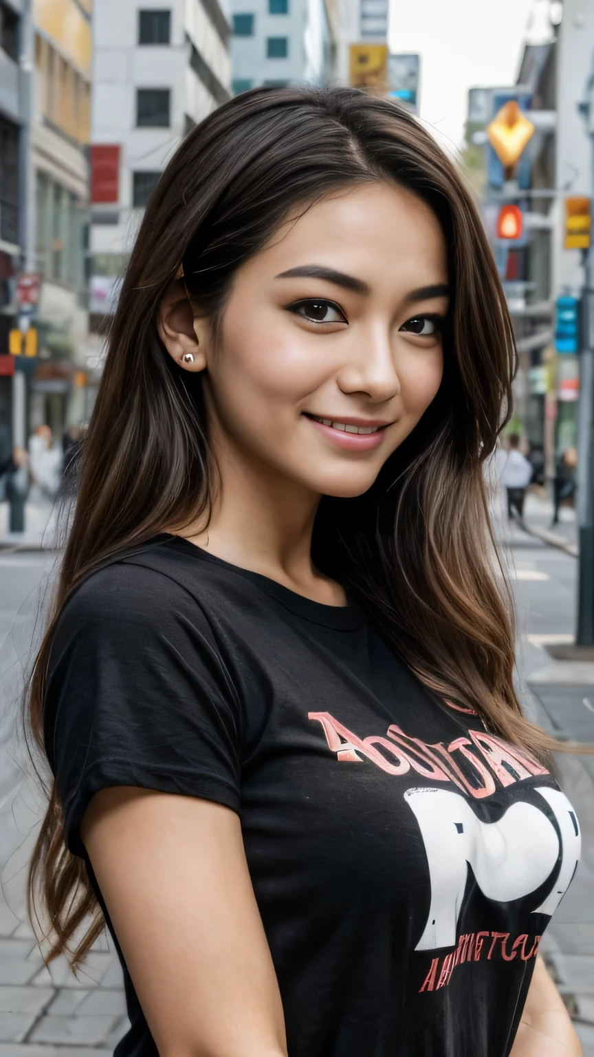 masterpiece, Highest quality, figure, Very detailed, In detail, High resolution, 8k wallpaper, Perfect dynamic composition, ((Beautiful Men))、Super beautiful woman、32 、Beautiful attention to detail , Big eyes、Open the mouse, Sexy Face,A face of ecstasy,The face at the peak of sexual arousal, View your viewers, Childish and innocent expression、((smile))、((Australian/Japanese mix))、((super good looking guy ))、The skin is fine and smooth、No beard、((A beautiful face with a straight nose))、((Long hair like a rock star))、((Big Breasts))、((Big Ass))、Thin but muscular、((Wearing a black T-shirt))、((Downtown Urban))