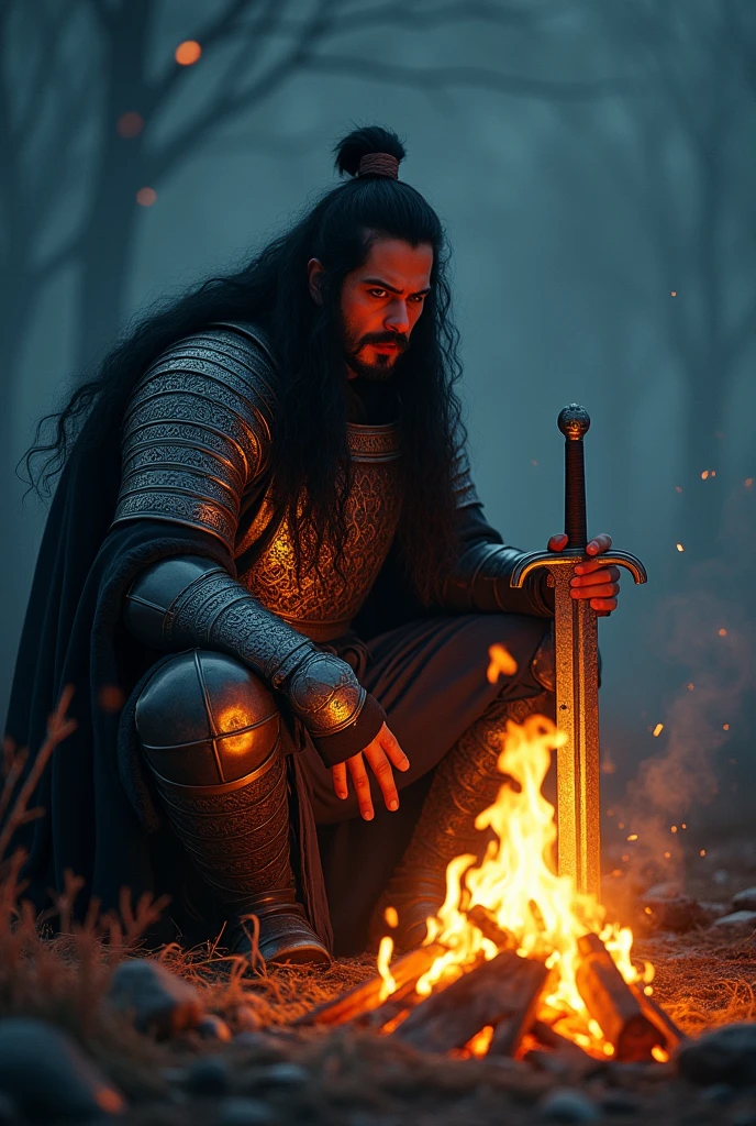 The big Mongolian hero in iron clothes with long black hair is sitting in the middle of the darkness with a lighted fire and a sword in his right hand.