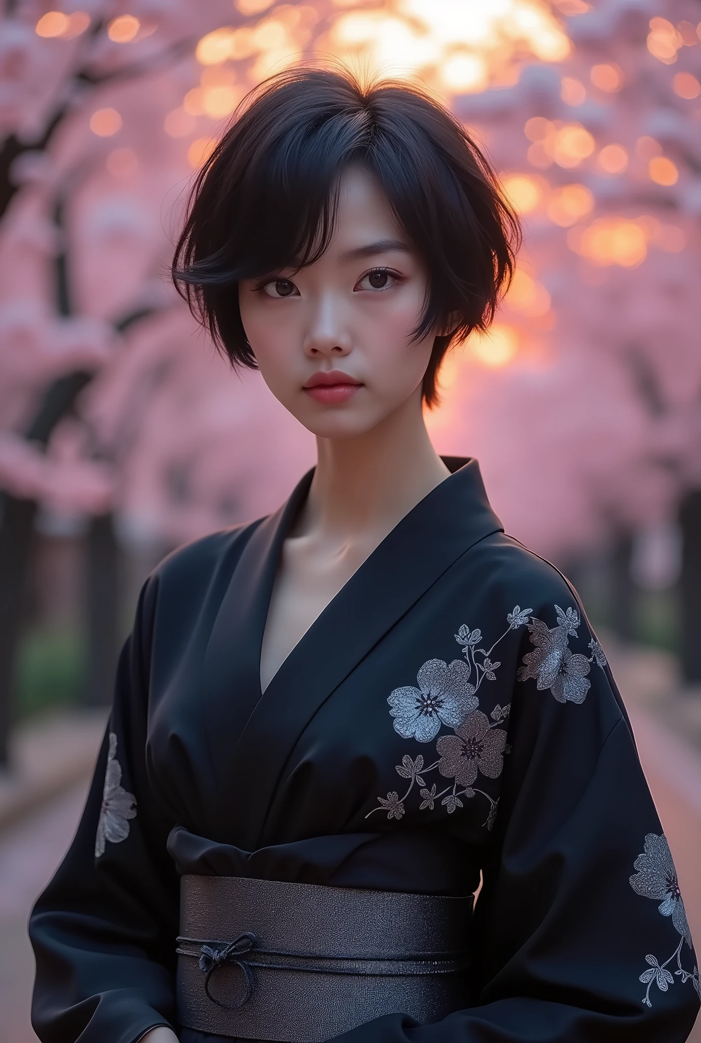 Beautiful girl, short hair, black hair, wolf cut, black kimono, brown eyes, mature