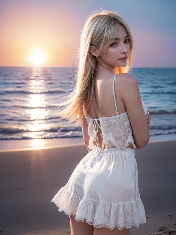 Ultimate beauty woman, Fiery Horizon, awesome solo, (Photorealistic:1.37), Summer Seaside, (Dazzling sunset:1.5, beautiful evening sunset:1.4), Sunset behind the person, The sunset is reflected on the sea surface, (Lens Ghosting:1.5, lens flare:1.2, Backlit lens ghost, Octagon-shaped lens ghost), sensual, (ultra Silky Shiny platinum blonde Hair:1.2), ((Natural backlighting:1.4)), detalhes faciais, ((wears lace tiered mini skirt and white Summer clothes, Inner camisole)), Touch own inner thighs with both hands, Unparalleled beauty, super beautiful face, Symmetrical facial, slightly Smiling, Highly detailed face, Slightly slimmer body, smooth skin, Realistic Skin, Highly detailed Skin, Close-up,
BREAK. (masterpiece, ultra high resolution, high definition RAW photograph, Highly detailed CG, best quality, 4K), perfect anatomy, perfect proportions, romantic ambiance, Sparkling sea, Accurate limbs, erotic body, Photogenic, golden hour