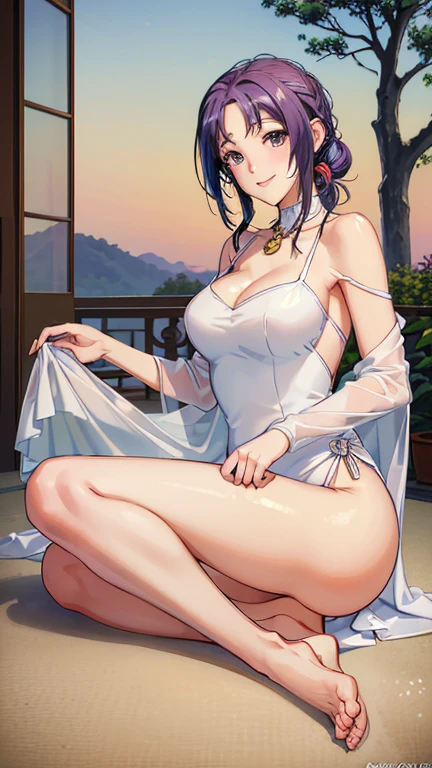 ((masterpiece, Highest quality, Highest quality, Official Art, beautifully、beautiful:1.2)),((masterpiece)),((Vibrant colors)),((Ayako Katagiri)),((幸せそうなsmile)),((smile)),((looks fun)),(White dress),(((Side bust))),(sunset),(Shoulders exposed),(sexy),(See-through)