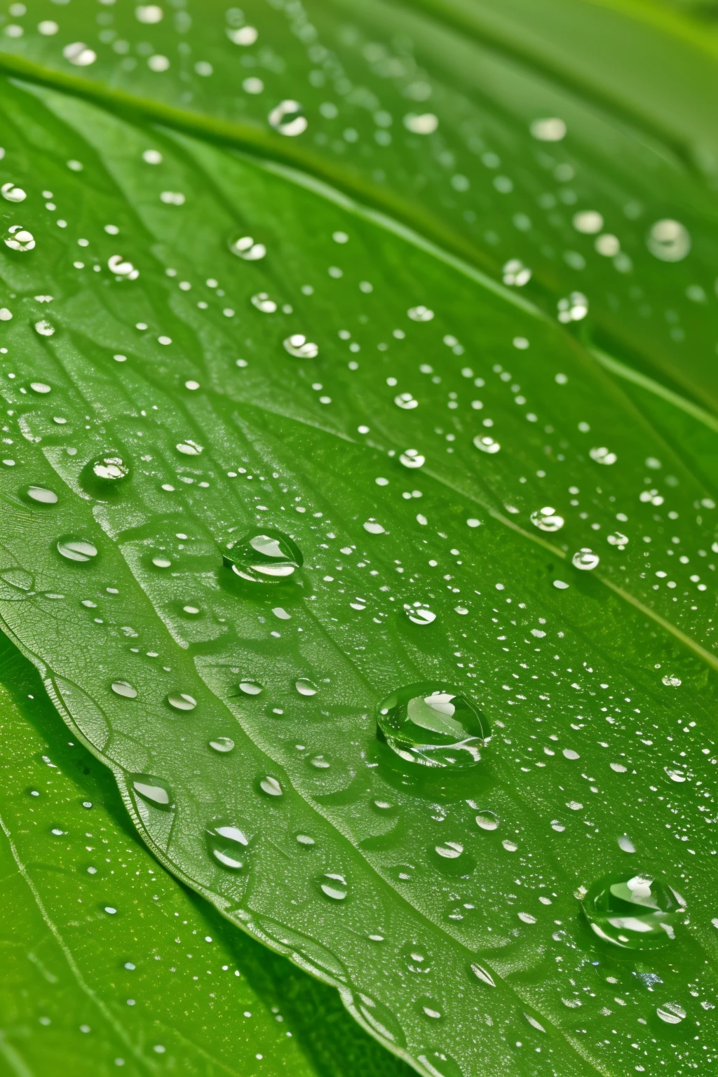 wallpaper, water droplets on the leaves, big leaf background, forest in the distant, dewdrops, detailed droplets, best quality, masterpiece