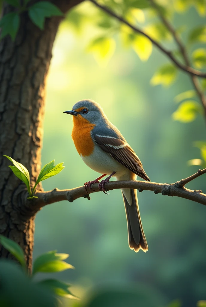 a bird on a branch of a tree in the forest, 3D style, high quality line art