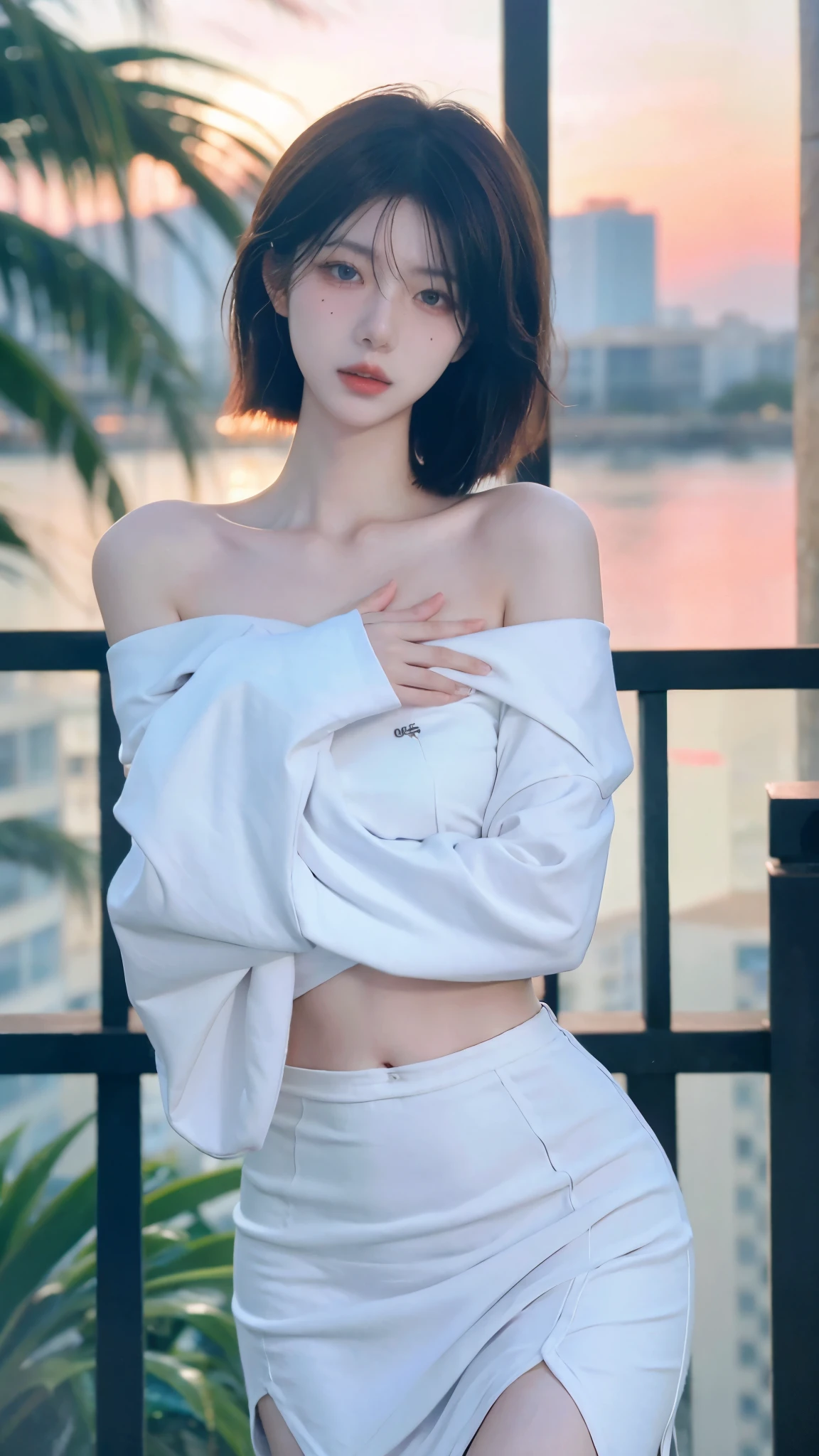 Beautiful woman with perfect figure:1.4,Ultra-high resolution,White background,(lifelike:1.4),Layered Hairstyle,White skin,Bikini:1.5,Super short pleated skirt,whole body,Very delicate face and skin texture,Double eyelids,Skin Whitening,short hair,White hair