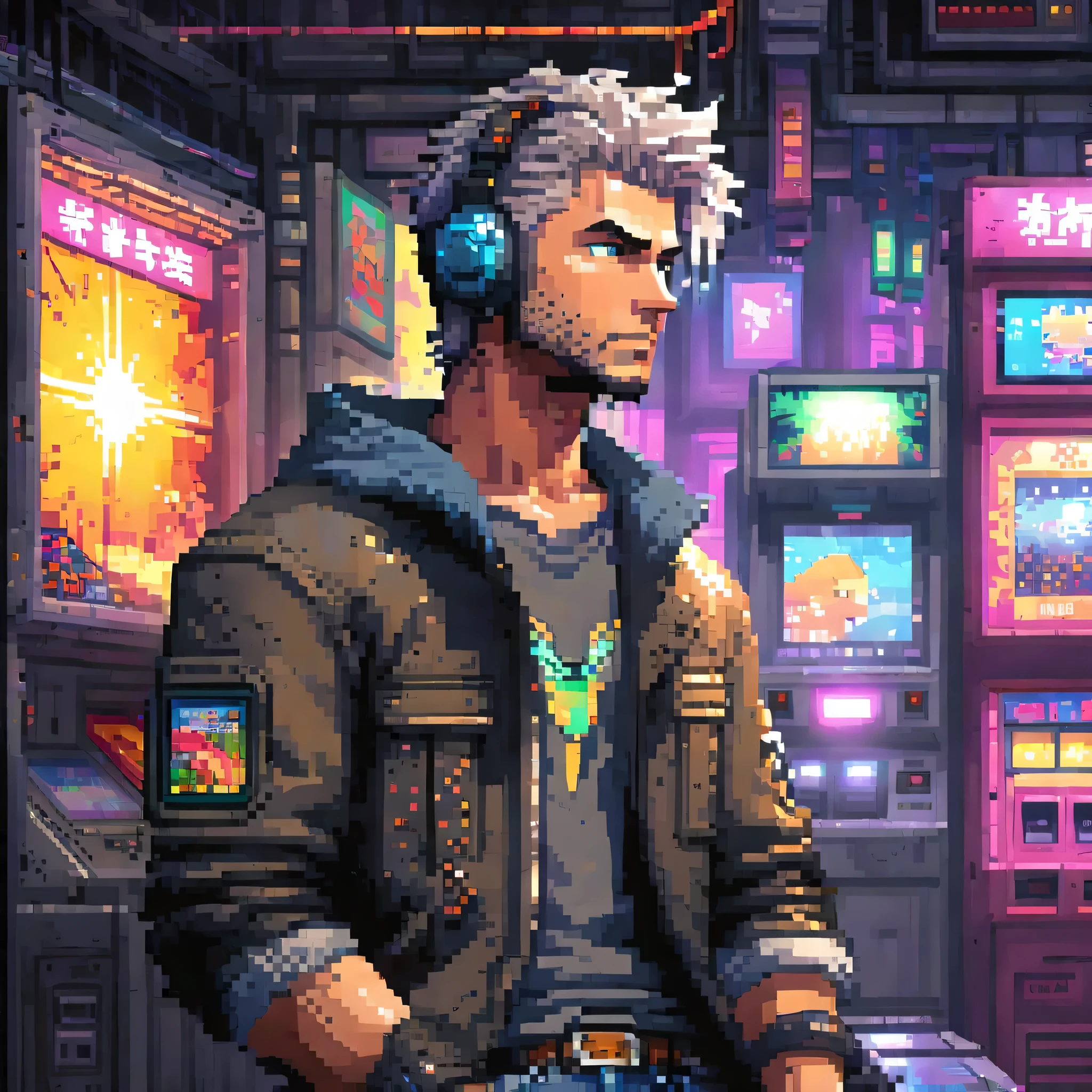pixel art,
((masterpiece)),(((best quality))),((illustration)),(depth of field:1.2),
solo,dynamic angle,(1 mature male:1.3), homem na moto observado a paisagem futurista,bangs,headphones,blue eyes,grey hair,(disheveled hair),(jacket|hoodie),jeans,thigh strap,hands in pocket,cowboy shot,
Moody Lighting,(arcade games:1.1),(Game Center:1.5),(Game Hall:1.1),(backlight:1.3),intricate detail,cyberpunk,claw crane game machine,(crowd:1.1),
(Pixel particles exploding:1.2),