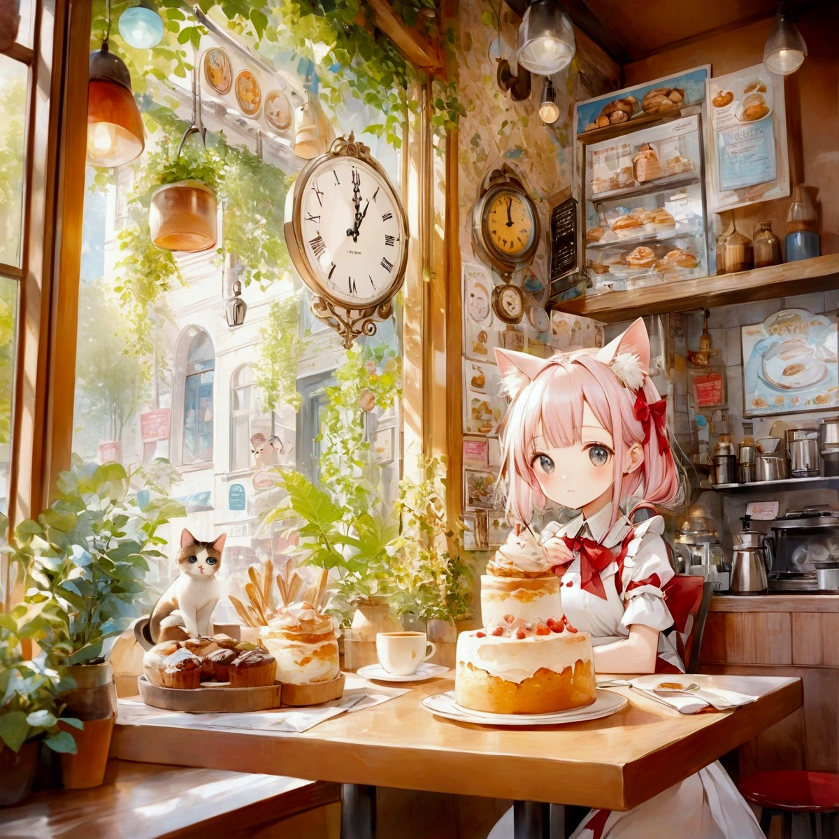 An anime character sitting at a table with a clock in the background, Cozy cafe background, Fantasy Bakery interior setting, Mysterious Coffee Shop Girl, In a bright cafe, Very Beautiful Anime Cat Girl, Fantasy Bakery, Anime cat girl in maid clothes, Cute anime cat girl, An anime girl with cat ears, Painted in an anime artist's studio, Anime Food, Realistic Anime 3D Style