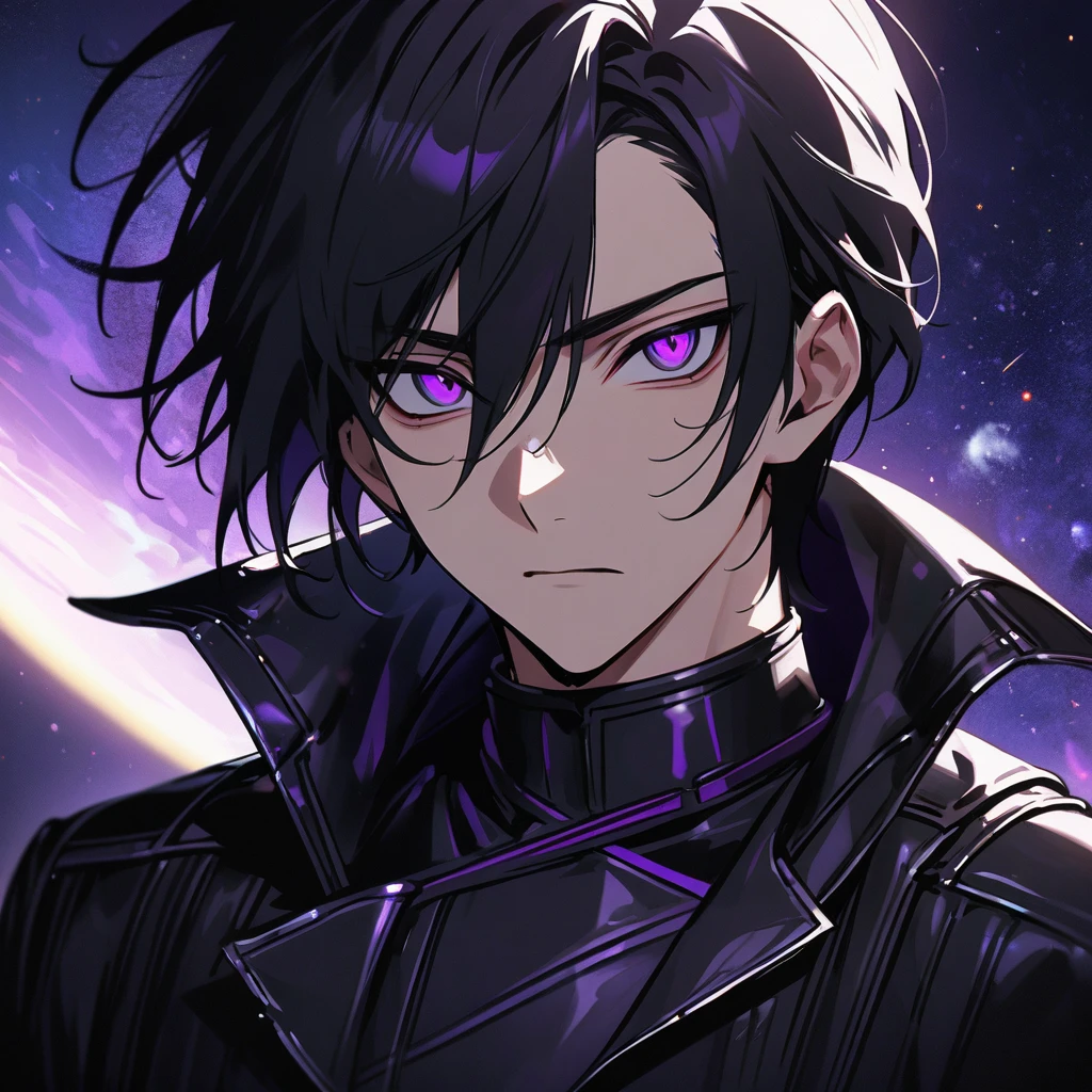 High quality, HD, 4k, no shadows, handsome male, handsome, extremly handsome, 1male, 1 male, ager, pure black hair, short black hair, dark hair, black hair, jet black hair, sharp eyes, deep purple colored eyes, dark purple colored eyes, deep violet eyes, violet eyes, devil may cry, close up, calm expression, stoic expression, black leather clothes, black leather clothing, leather clothing, lean body, well trained body, upper body, looking at viewer, cowboy shot, white solar, space background