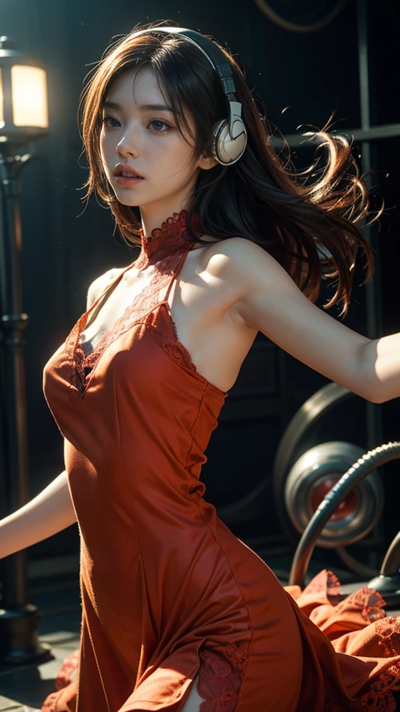 Anime 3D style, dynamic scene, wide angle shot, hyper-realistic oil painting, delicate features, a fierce red dragon twirling behind an young asian woman, red glow eyes, orange lace gothic, wearing headphones, wearing a crystal vivid orange dress and has long orange hair. motion line movements, bubbles. dynamic action pose, octane rendering, ray tracing, depth of field, super details. she is at the bottom of the sea. CG animation, highest quality, masterpiece, exquisite CG, hyper-realism. dynamic perspective creative angle cinematic 3D movie 16k