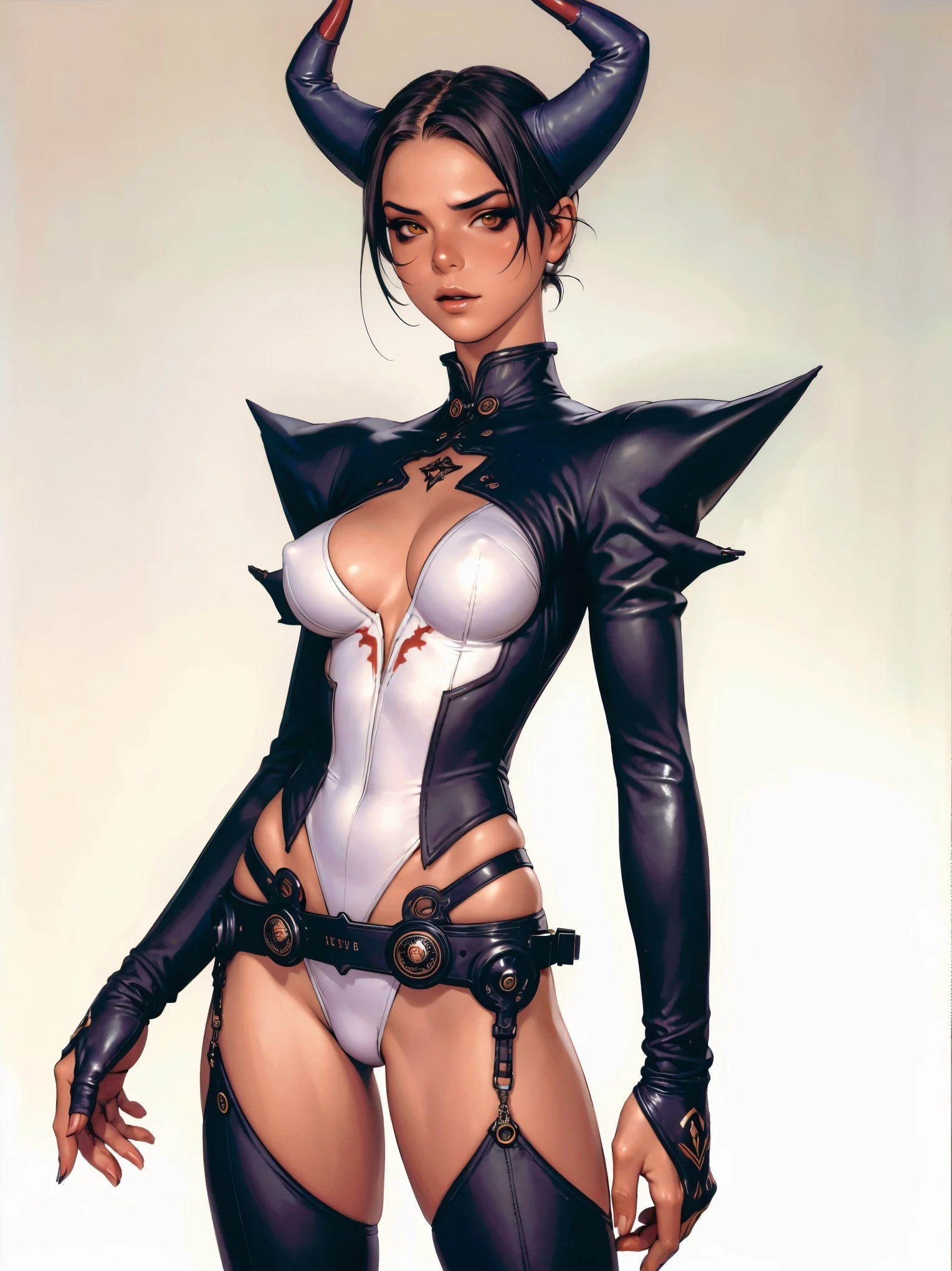 (((Annie Lennox))), ((( devil suit ))), (((she hellboy))), (((Bandaged body))), ((high collar)), (((red accents))), (((best qualityer: 1.4))), (Unbeatable masterpiece), (hiper HD),(CG 8k hyper-realistic), (((brave face))), (((breasts big))), (((hyper feminine))), sexly girl, Tron,(black bob hair)), ((( sculptural body ))), (((1 Kizi))), Kizi cibernética de 25 anos com perfectbody,,Beautiful and well-groomed face,muscular body:1.2,solid color detailed jacket, (Head to thigh photos), Complex equipment, green dark,Long pants,Tight clothes are dark,With white stars and off-white stripes,,,,,Armor Metal Electronic Parts, Poison tattoos ) INFO, Kizi, (((standing alone))), pirralha violent, ((())), sexly, pose de atitude, work of art, post-apocalypse, (((manga style))), bounty hunter, violent, Manic, the way you want, slenderbody, thin but strong, perfectbody, roupa moderna, advanced technology, neon, sleeves with vertical striped pattern, neutral background, (( cowboy shot )). intricate visual