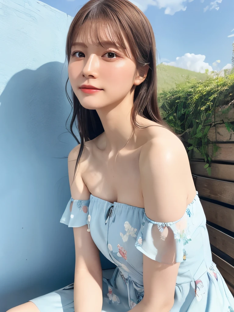 She's wearing a refreshing sky blue floral summer dress, Ultra-high resolution, Perfect description, A summer dress with bare shoulders that shows off her beautiful white skin, Realistic, 8K Photorealistic:1.5, Soft lighting, detailed, Real Full HD, 16k raw photos:1.5,