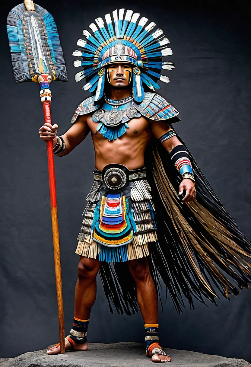 Powerful Aztec warrior, formidable fighter, wears armor of obsidian and precious stones,with a majestic macuahuitl, and a great headdress of a thousand colors on his head, sentinel of the great pyramid of Tenochtitlan 