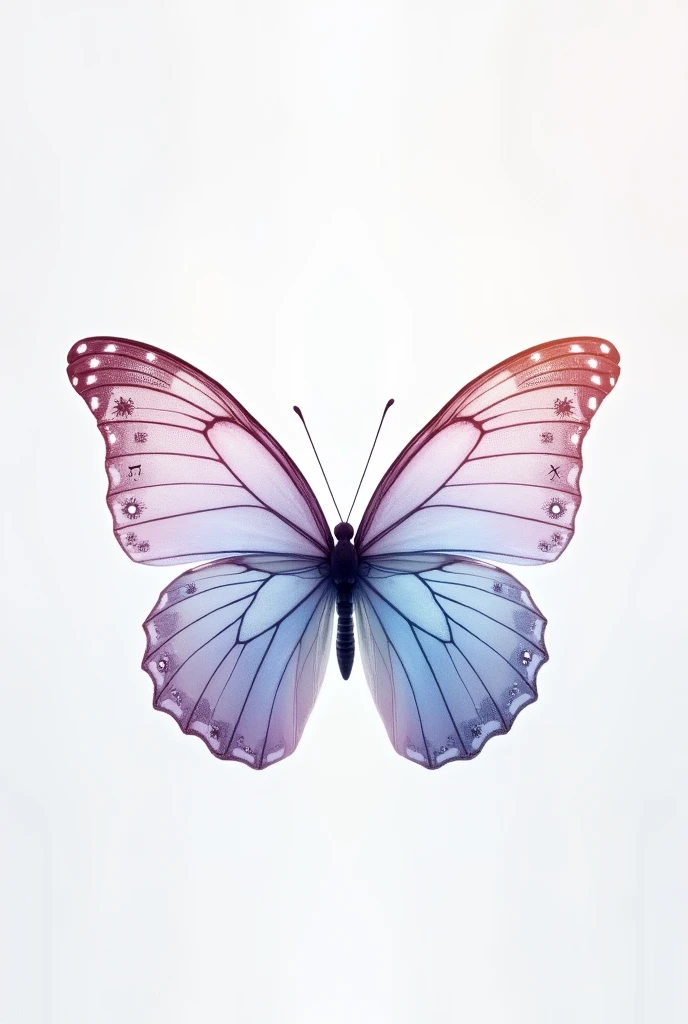 Generate an image for a wallpaper with a pink and blue crystalline butterfly, white background, A butterfly with large, translucent wings, more pink than blue and with elements of the psychic sign 
