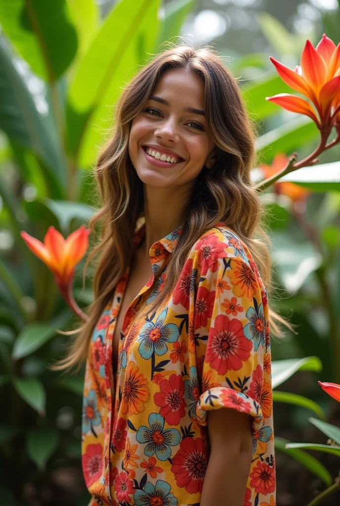 A Brazilian woman in a lush tropical garden, wearing an open shirt with a floral print, with a close-up capturing the harmonious beauty between her breasts and the natural flowers, showing off your natural charm and outgoing personality.
