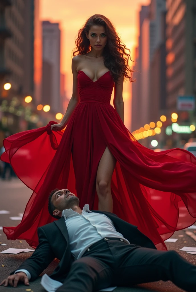 Beautiful woman,Woman wearing red dress, Woman shouting on man,Woman fighting with man, Woman beating man, Woman kicks man , Woman victory posing on man, femdom ,trampling