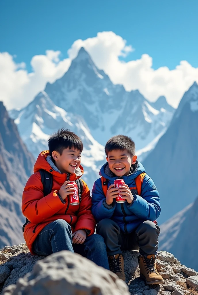 Chinese Kid and Caucasian kid, drink coca-cola togather, in Himalaya Mountain
