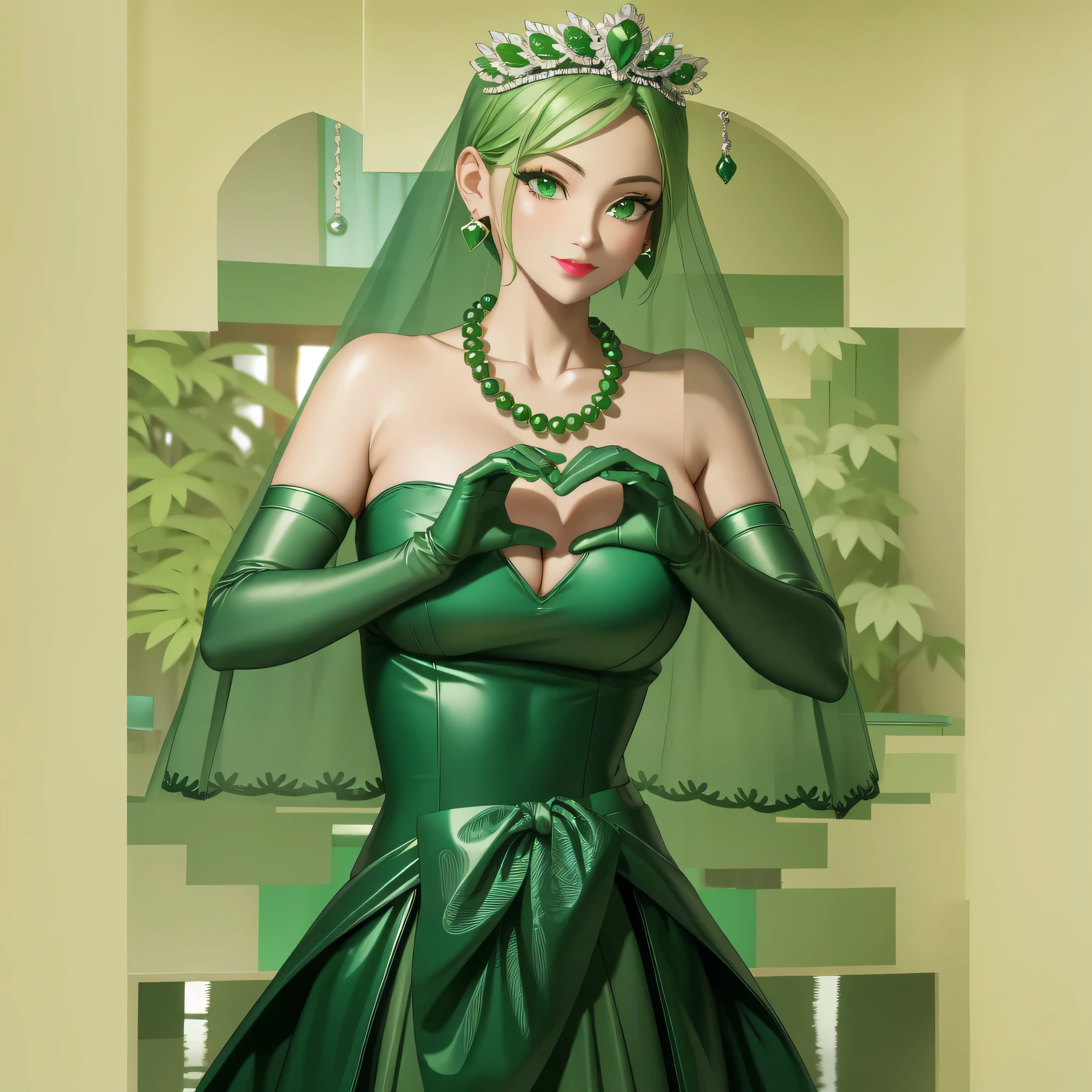 Emerald tiara, Green Pearl Necklace, Boyish very short green hair, Green Lips, Smiling Japanese woman, Very short hair, Busty beautiful lady, Green Eyes, Green satin long gloves, Green Eyes, Emerald Earrings, Green veil, Heart with both hands, Green Hair, Beautiful Japanese Woman, Heart shaped hands:1.3, green lip gloss