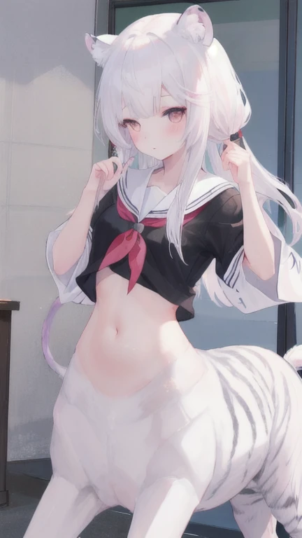(best quality, masterpiece), 1 girl, centaur, I beg, White skin, Japanese girl, ,black pink, exposing the abdomen, belly button t-shirt , beautiful girl perfect, White tiger photo, 완벽한 White tiger photo