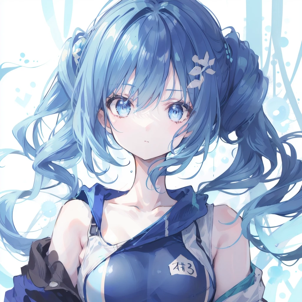 1girl,jungle,:|,beehive hairdo,eye reflection,casual one-piece swimsuit,blue theme hair,