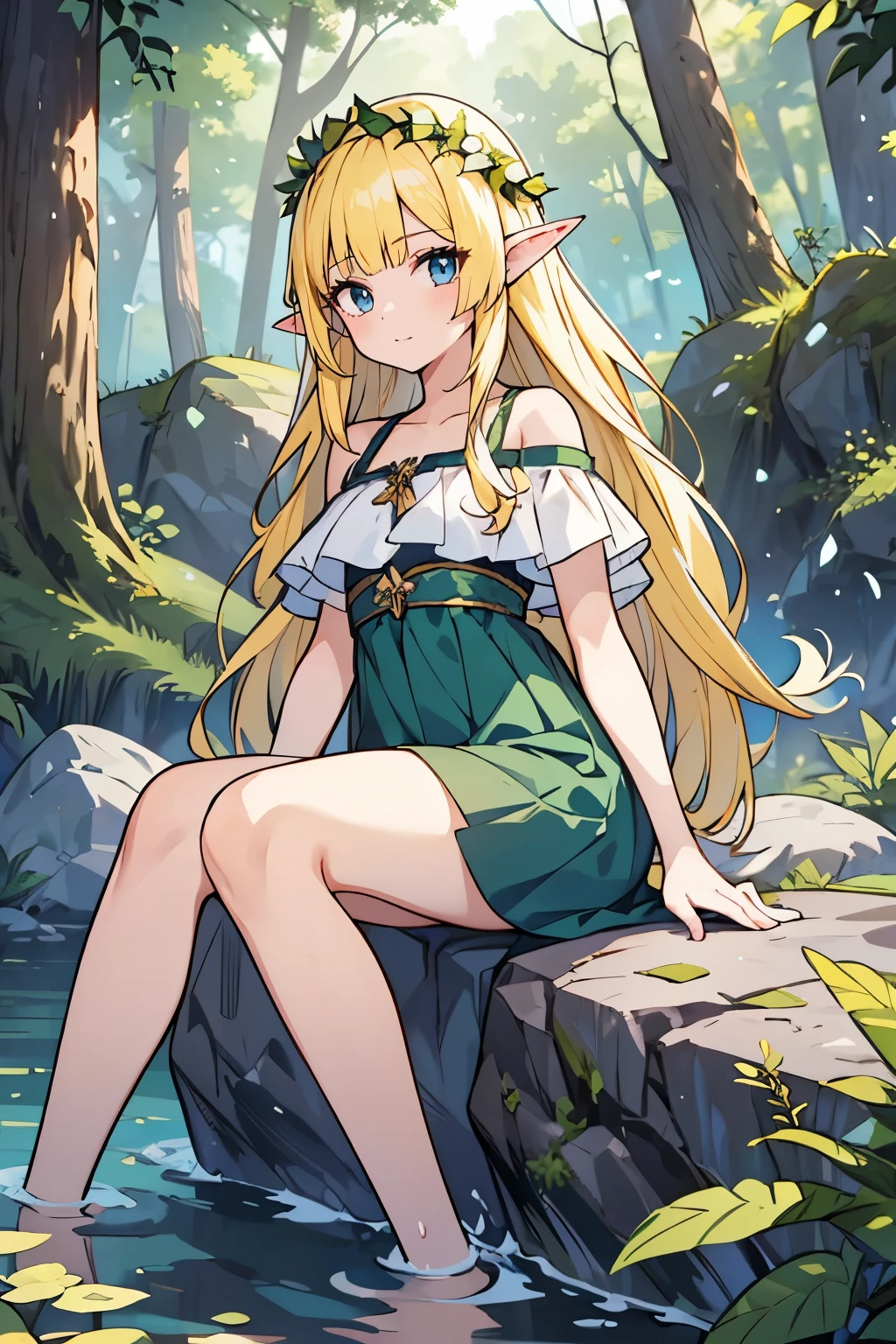 solo girl, (young female body:1.4), ( medium small breasts), cowboy shot, shy smile, flustered, yellow hair, extra long wavy hair, thick wavy hair, hime cut, very blunt bangs, yellow disheveled hair, light blue eyes, forest background, magical trees, river and rocks, elf ears, elf girl, white and leafy bottle green dress, dark forest green dress, off shoulder short sleeves, white flower crown, exposed collarbones, sitting on rocks by the river, bent knee, one leg up, dynamic sitting pose