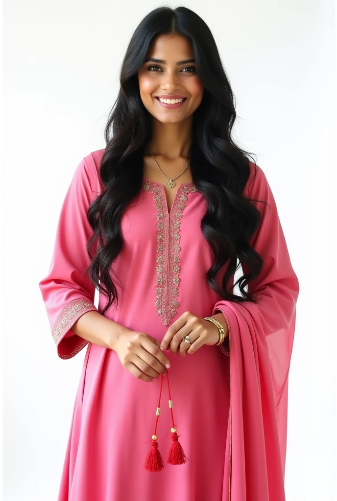 Create imaginative and amazing image of an indian girl, age 30, wearing an best fit indian salwar suit of pink color, and demonstrating the style of ((Whorecore)), simple salwar suit with minimal embroidary around the neck, elbow length sleeves, wide neckline, beautiful face with some cuteness, black hair falling behind her back like waterfall, she also wear a single golden band on her wrist. and small pendant on her neck, front pose, perfect hands and fingers, Holding a small red thread (RAKHI) from both of its ends and looking at the camera with a descent smile. hyper realistic, highly detailed fabric, minimal, charm on her face, 8k, vibrant colors, sharp crisp image,, white background. medium shot, 85mm lens, perftect fit dress, attractive figure. height: 5 feet., knee high., (Negetive: Saree, ugly, deformed, slender, incomplete, bad anatomy, unattractive, extra finger, unrealsitic)