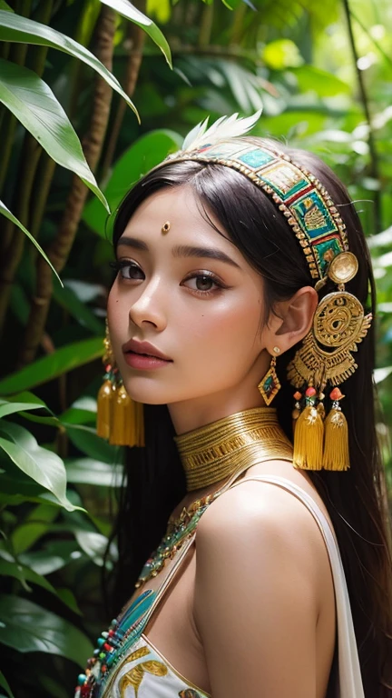 A beautiful woman Mayan stands in the middle of nature in a lush tropical forest, surrounded by native plants, in an intricate traditional robe-dress decorated with geometric patterns. The woman has a headdress made of colorful feathers and beads, which reflect the morning sunlight. Her face is full of grace and mystery, all of which reflect the beauty and sacredness of the ancient Mayan culture.