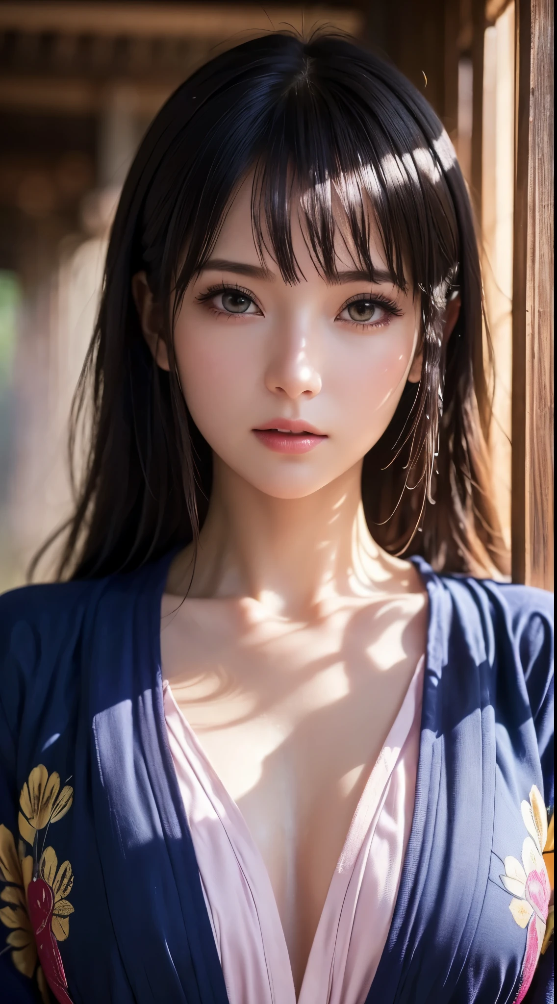 (Realistic)、(Realistic:1.2)、(High resolution)、Very detailed、Very beautiful face and eyes、1 person、Delicate body、(Highest quality、Attention to detail、Rich skin detail)、(Highest quality、8k、Oil paint:1.2)、Very detailed、(Realistic、Realistic:1.37)、Bright colors、Full Body Shot,black_hair, Beautiful 8k eyes,Looking_in_audience,One person in,Are standing,((Very beautiful woman, Fuller lips, Japanese pintern kimono))、((Colorful Japanese kimono)))、(((blackhair)))、(((blunt bungs，long straight hair)))、((( In an old Japanese house (short focus :1.4),)))、(masterpiece, Highest quality, Highest quality, Official Art, beautifully、beautiful:1.2),(Fractal Art:1.3),Sengoku period、By Greg Rutkowski：Alphonse Mucha Ropp,short ,uchikake,nishijin ori,(realistic Light and shadow), (real and delicate background),(Calm colors, Dim color, soothing tones:1.3), Low saturation, (Ultra-detailed:1.2), (Noir:0.4),Draw,Blurred_Light_background, (Bright colors:1.2), cinematic Lighting, ambient Lighting,Single Shot,Shallow focus,pink lip,Blurred Light background,