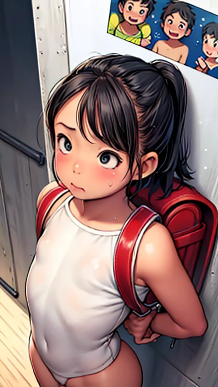 Ultra-realistic painting, Excessive art, 8K high quality, detailed art,Curvaceous ,Random Hairstyles、(Sweaty)，5 years old，Excess semen:1.3，vaginal sex，1girl，1boy，Red School Bag，Leg spread，Pleasure，Private house，Hidden masturbation，Drooling，