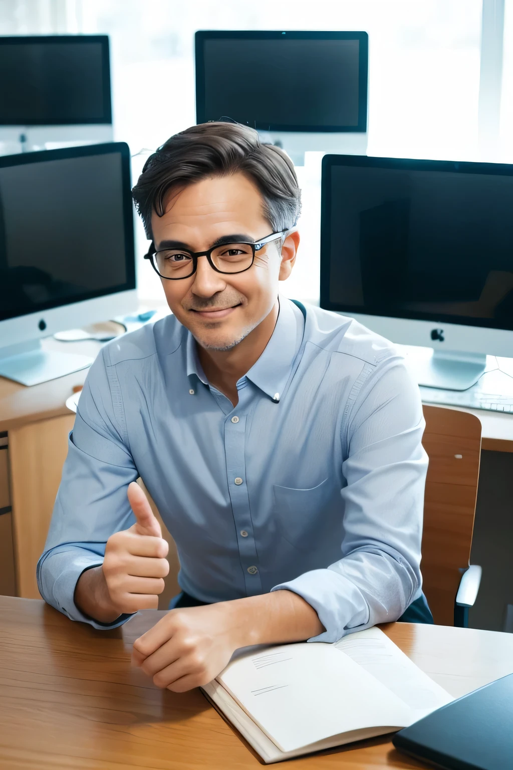 A man with silver-rimmed glasses, smart and middle-aged, sits at a simple and bright office desk in front of a desktop computer monitor, thumbs up in delight.