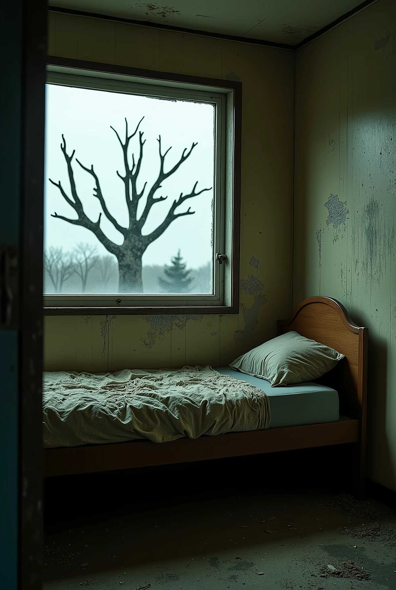 mobile room interior single bed against window, old mobile, old, and dirty, We can see a dead tree through the window.