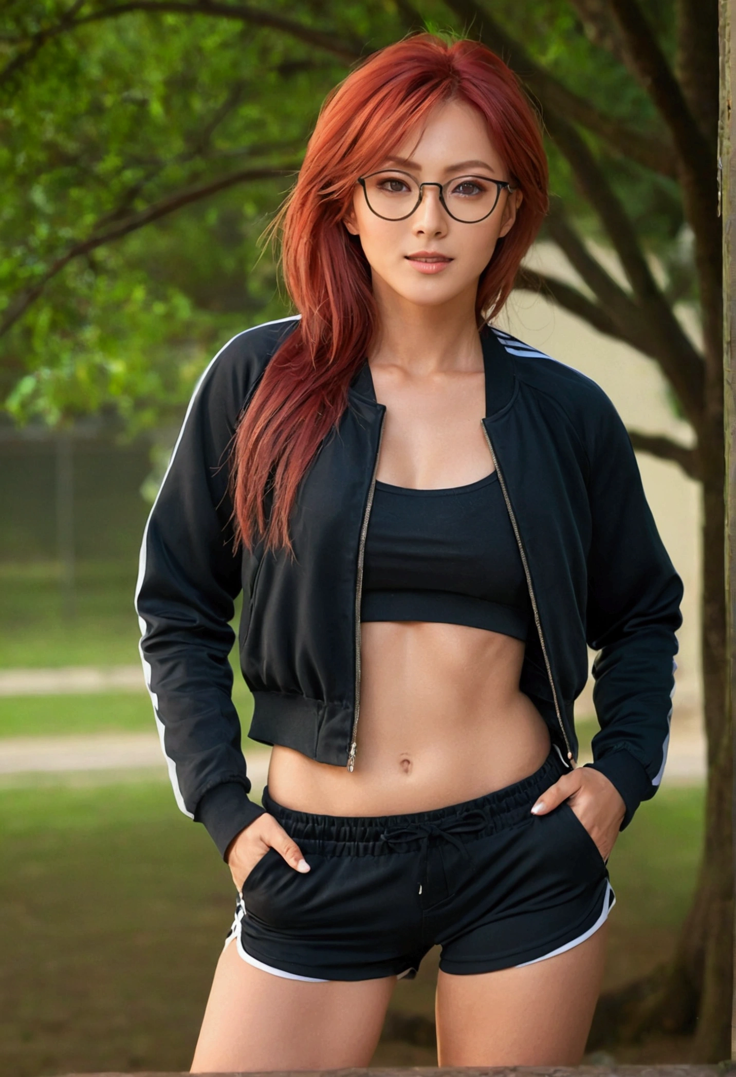 (masterpiece:1.2, best quality:1.2, beautiful, high quality, highres:1.1), detailed, extremely detailed 4K, perfect eyes, perfect face, perfect lighting, (1girl, solo, adult female, mature female), [muscular], leg muscles, thigh muscles, 
red hair, red eyes, glasses, midriff, jacket, lowleg black shorts, long sleeves, karin, groin, exposed navel,
standing, outside, tree background, hand on hip, smirk, looking at viewer,