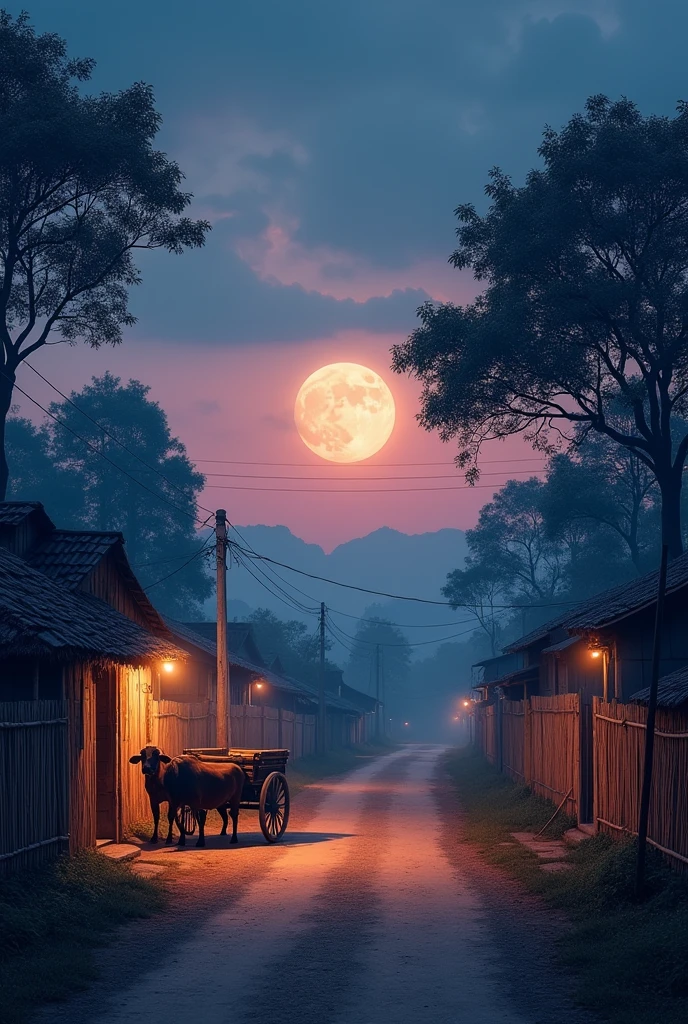 Make a photo of 10:19 aspect ratio with pastel colours which has a night sky and a moon in it with a kacha road and a buffalo cart on the road and light lamps on the road, a house on one side of the road and boundries are made up of bamboo and the other side of the road is covered with large trees