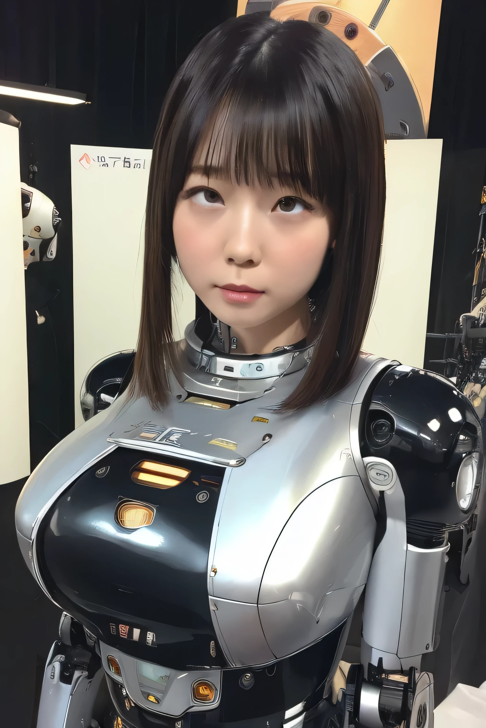 masterpiece, best quality, extremely detailed, Japaese android girl,portrait,Plump,a bit chubby,control panels,android,Droid,Mechanical Hand, Robot arms and legs, Black hair,Blunt bangs,perfect robot girl,long tube,thick cable connected her neck,android,robot,humanoid,cyborg,japanese cyborg girl ,robot-assembly plant,She is assembling now,assembly scene,rolling eyes,chest monitor