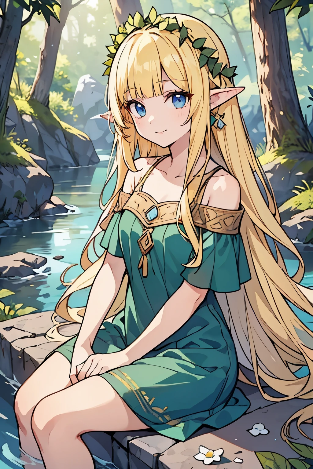  solo girl, (young female body:1.4), ( medium small breasts), cowboy shot, shy smile, flustered, yellow hair, extra long wavy hair, thick wavy hair, hime cut, very blunt bangs, yellow disheveled hair, light blue eyes, forest background, magical trees, river and rocks, elf ears, elf girl, white and leafy bottle green dress, dark forest green dress, off shoulder short sleeves, white flower crown, exposed collarbones, sitting on rocks by the river, bent knee, one leg up, dynamic sitting pose