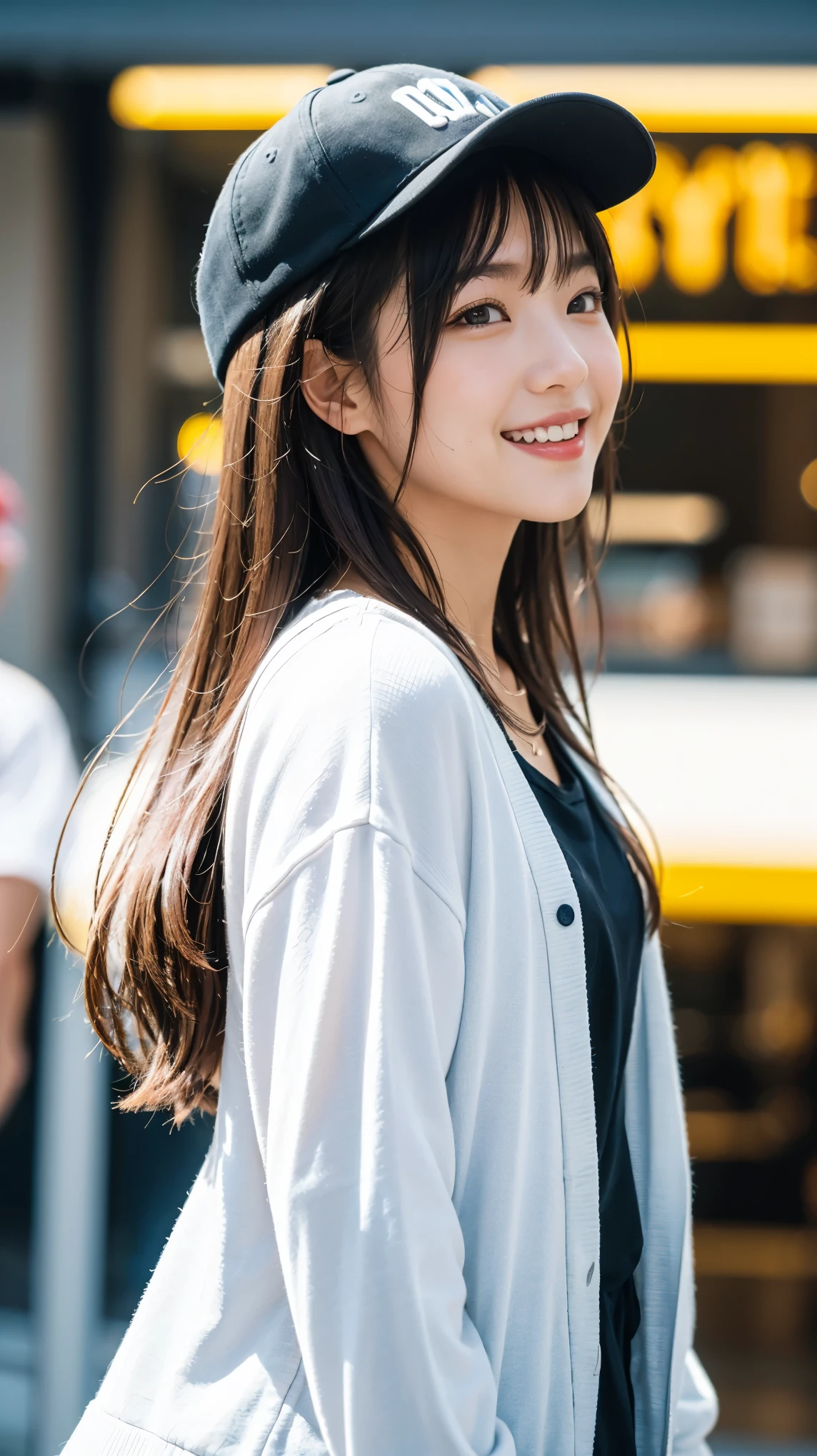 masterpiece, Highest quality, Highest quality, beautiful girl, Cute Face, 8k, Official Art, RAW Photos, When going out in the city during the hot season, please wear cool clothes., profile, Sports Cap, Teen, Face Light, Film Grain, chromatic aberration, Sharp focus, Very happy smile, Show me your little teeth, Dynamic Lighting, Cinema Lighting, Photo of your face, Upward glance