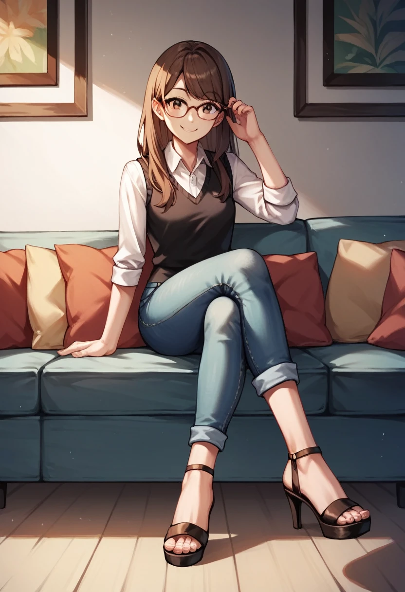 score_9, score_8_up, score_7_up, score_6_up, score_5_up, score_4_up, source_anime, 1girl,lora:amber1-000008:1>, amber5star, upper body, smile, young, brown hair, long hair, brown eyes, glasses, black vest, white shirt, jeans, high heels, sandals, crossed legs, looking at the viewer, sofa, sit, room, best quality, best res, 4K UHD,