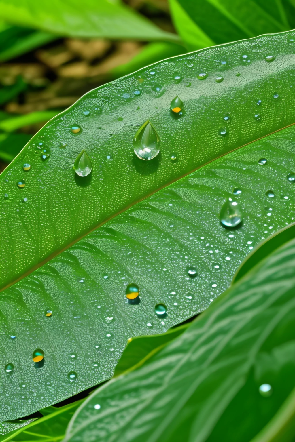 realistic, wallpaper, crystal foreground, water droplets on the leaves, big leaf on the ground, forest in the distant, dewdrops, detailed droplets, best quality, masterpiece