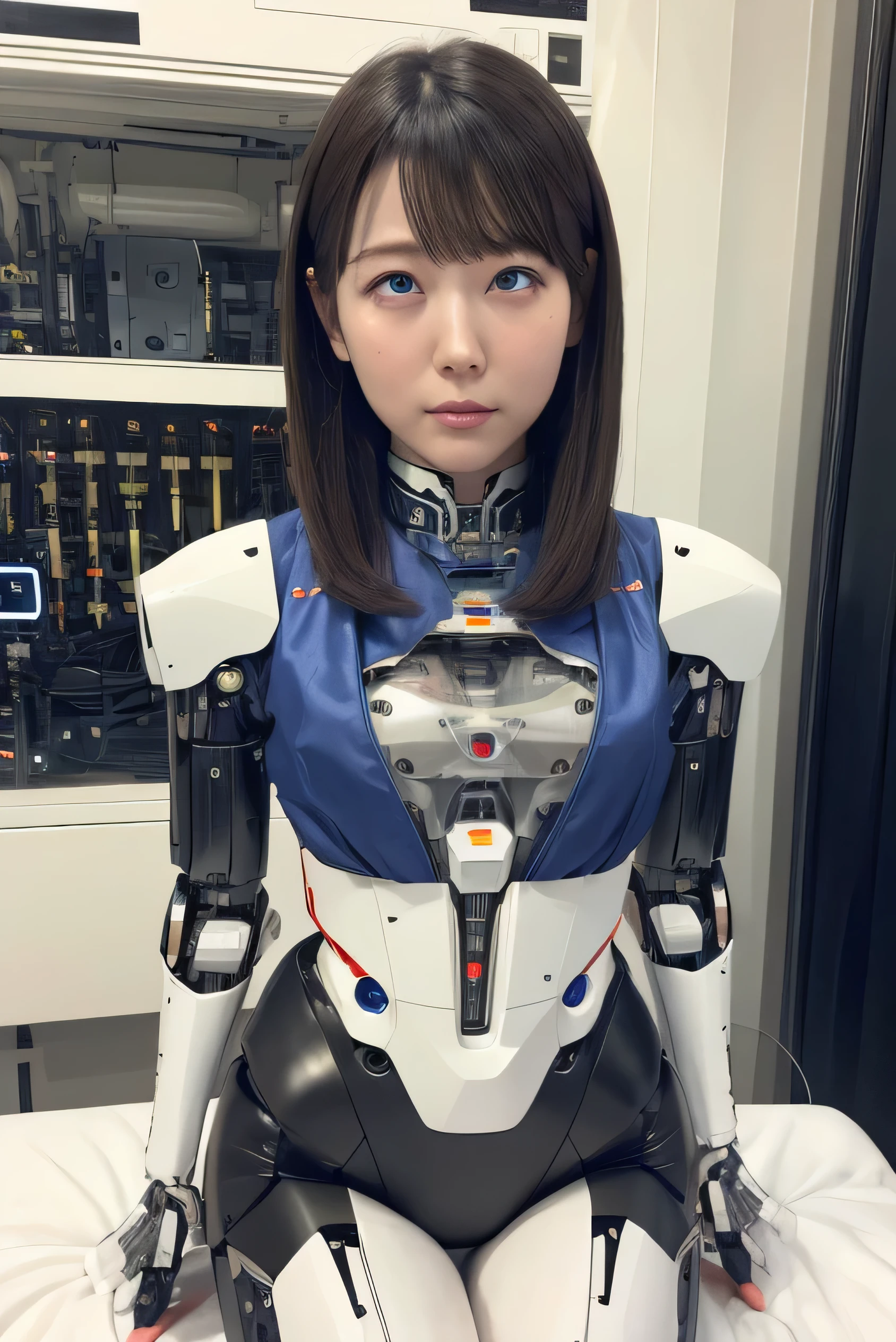 masterpiece, best quality, extremely detailed,8k portrait,Japaese android girl,Plump,control panels,android,Droid,Mechanical Hand, Robot arms and legs, Black Robot Parts,Black hair,Mechanical body,Blunt bangs,White robotics parts,perfect robot girl,long tube,thick cable connected her neck,ceramic body ,mechanical body,mechanical costume,android,robot,humanoid,cyborg,japanese android woman,mechanical chest,future laboratory,connecting a cable between the legs,blue eyes,rolling eyes