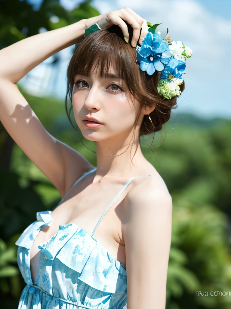 She's wearing a refreshing sky blue floral summer dress, Ultra-high resolution, Perfect description, A summer dress with bare shoulders that shows off her beautiful white skin, Realistic, 8K Photorealistic:1.5, Soft lighting, detailed, Real Full HD, 16k raw photos:1.5,