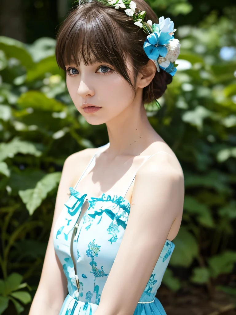 She's wearing a refreshing sky blue floral summer dress, Ultra-high resolution, Perfect description, A summer dress with bare shoulders that shows off her beautiful white skin, Realistic, 8K Photorealistic:1.5, Soft lighting, detailed, Real Full HD, 16k raw photos:1.5,