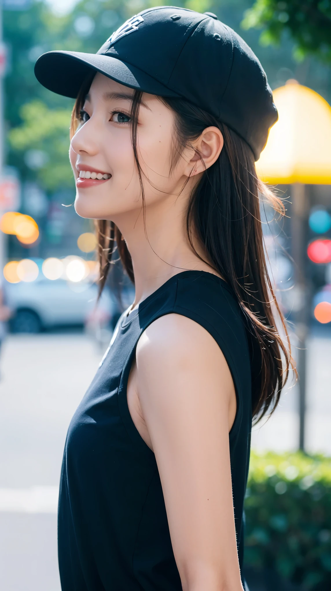 masterpiece, Highest quality, Highest quality, beautiful girl, Cute Face, 8k, Official Art, RAW Photos, When going out in the city during the hot season, please wear cool clothes., profile, Sports Cap, , Face Light, Film Grain, chromatic aberration, Sharp focus, Very happy smile, Show me your little teeth, Dynamic Lighting, Cinema Lighting, Photo of your face, Upward glance