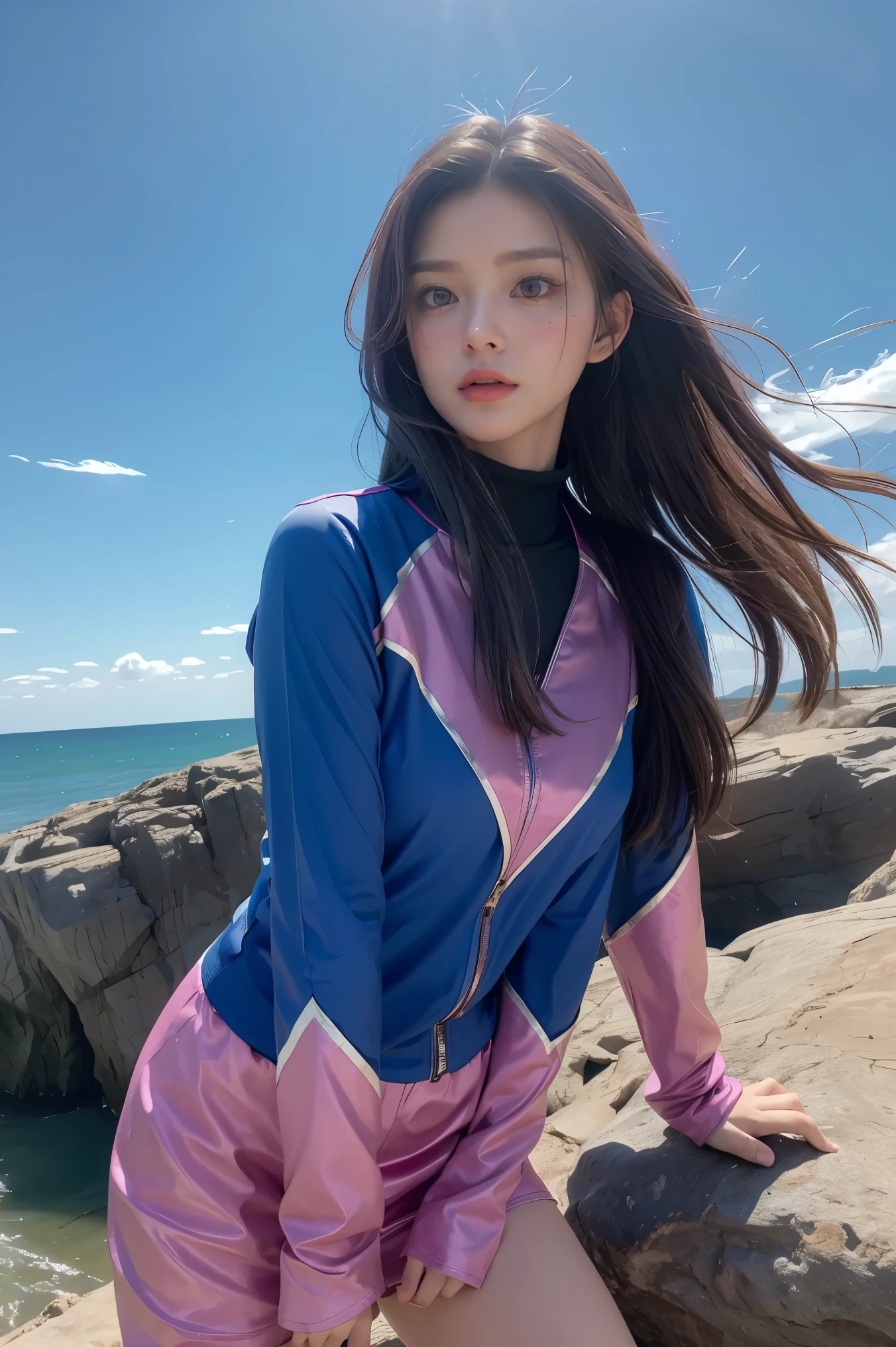 4K, real, charming, very detailed, There is a girl in the sky., Dressed aIn Power Rangers, you&#39;In Power Rangers., Super Hero Theme, green hair, 25 years old, whole body