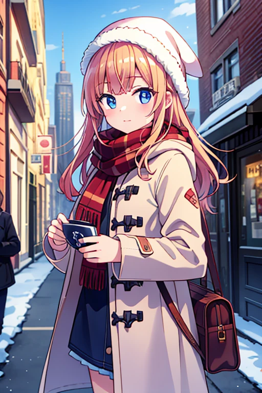 、Strawberry Blonde、long、Duffle coat 、Winter scarf、City、winter、It's snowing、illumination、night
