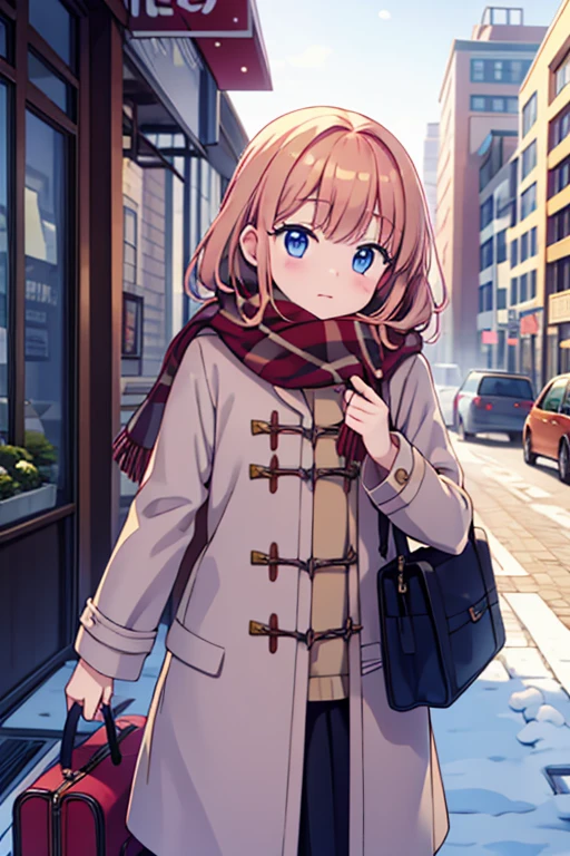 、Strawberry Blonde、long、Duffle coat 、Winter scarf、City、winter、It&#39;s snowing、illumination、night