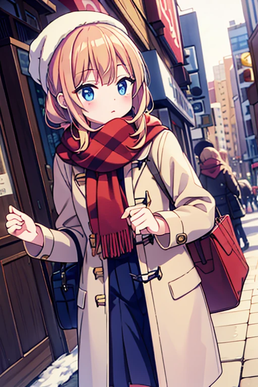 、Strawberry Blonde、long、Duffle coat 、Winter scarf、City、winter、It&#39;s snowing、illumination、night