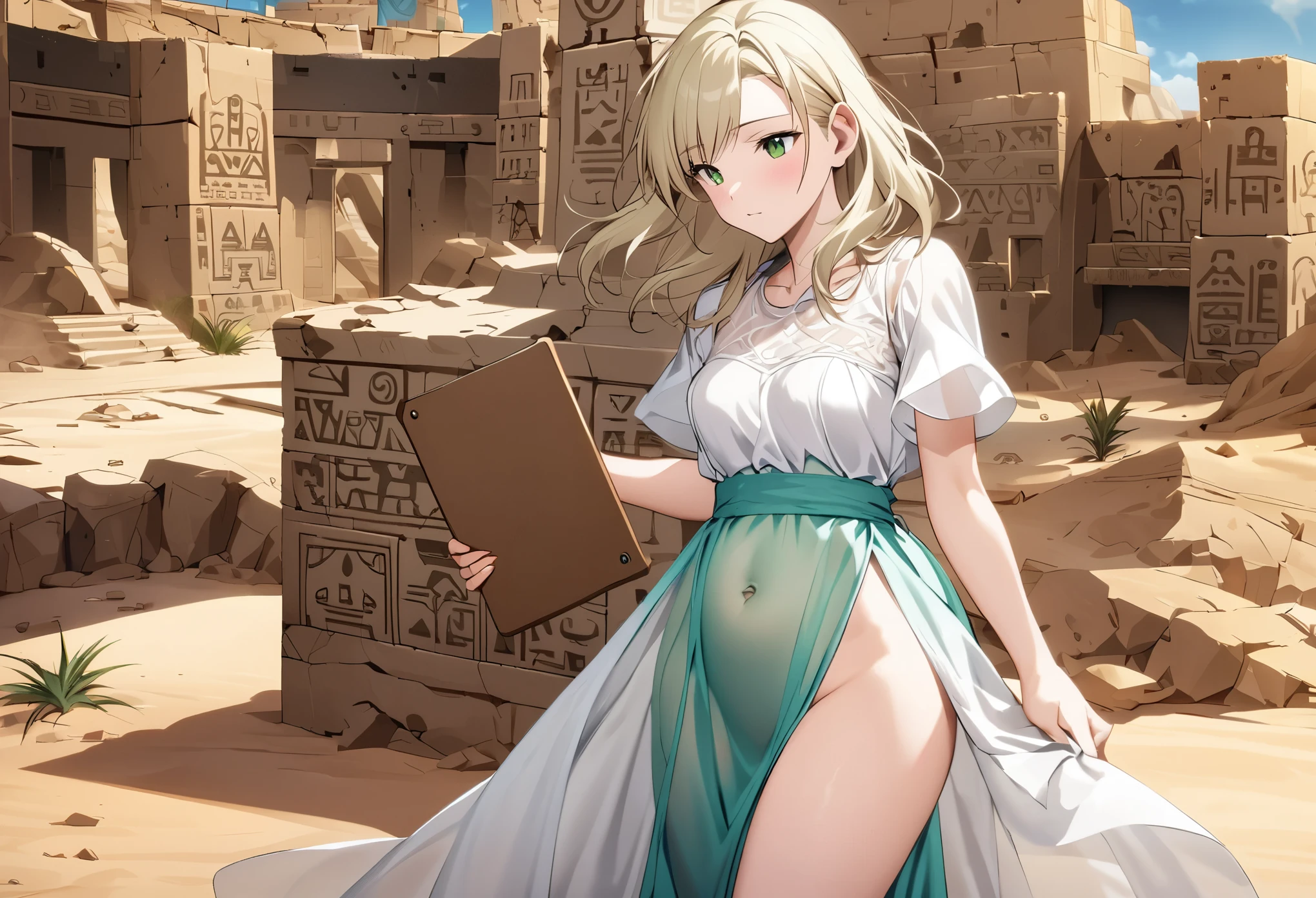 (sag)Cate Blanchett, age 25, age 25, British Expedition hat, Sheer white top tied above belly, Sheer green dress, no underwear, holding a tablet, desert ruins with hieroglyphs,