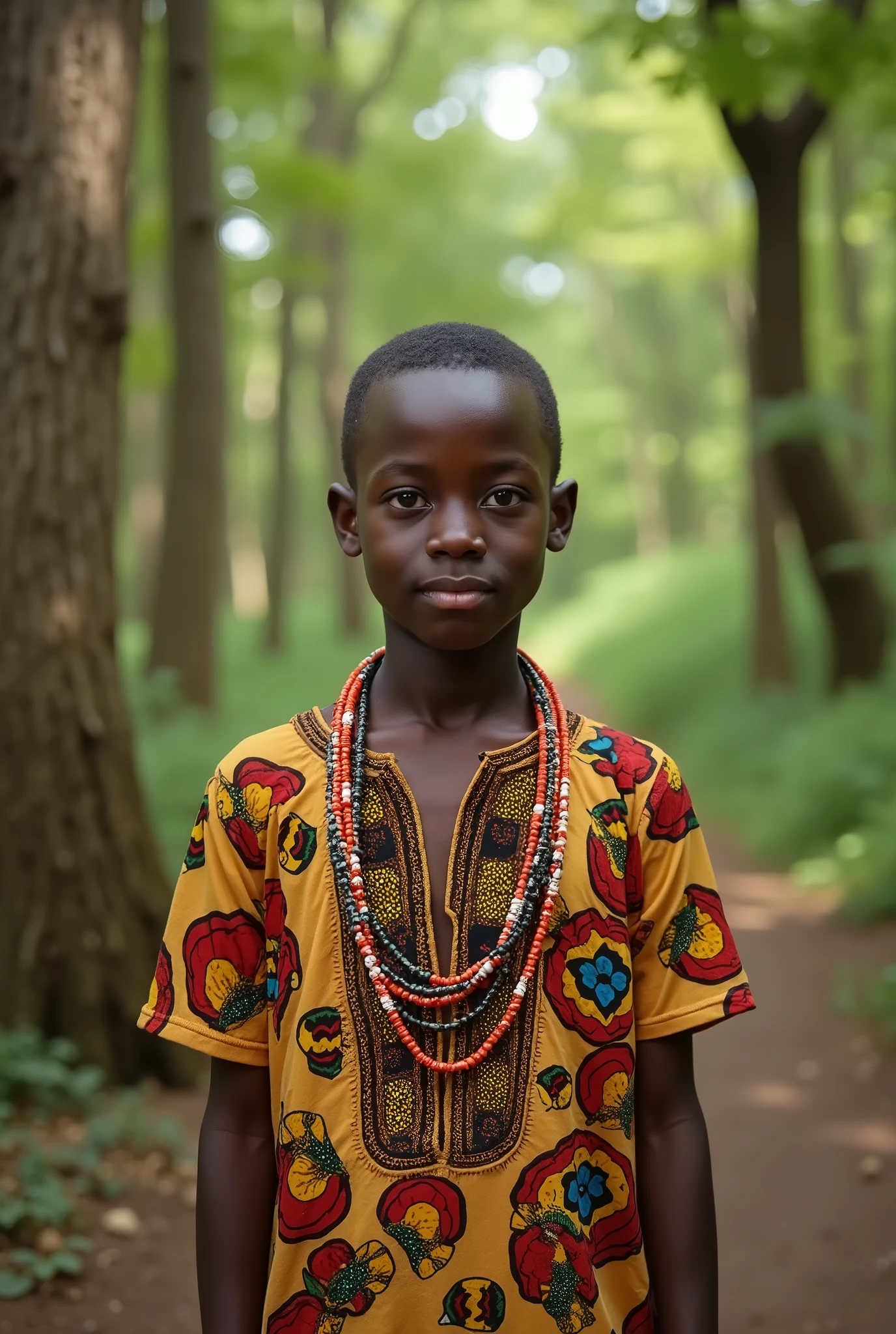 An African boy light skin complexion dressed in Africa traditional dresses wearing bits round his neck and hand in a village forest that bordered the village