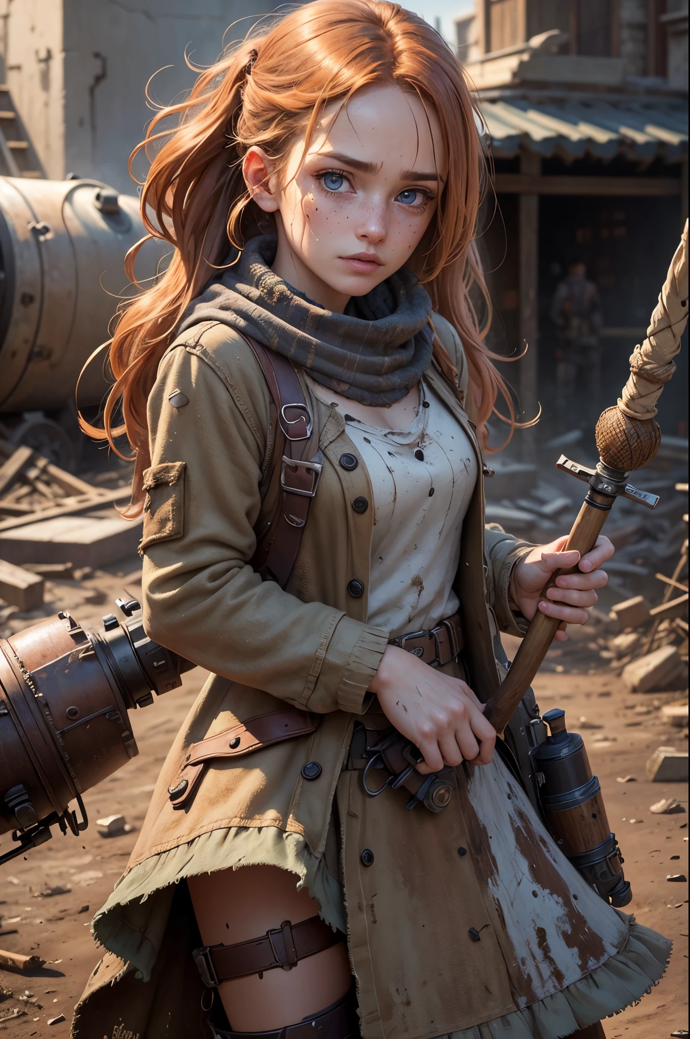 (Realistic:1.2), ultra detailed, modern analog style, photorealistic cute woman, chestnut hair, tattered outwear, post-apocalyptic, detailed face, beautiful eyes, (shy smile:0.7), freckles, holding a big staff, exhausted after another battle, dramatic, vibrant, sharp focus, looking directly to the camera, centered image, elegant, approaching perfection, hyper realystic, bokeh, cannon 6d, blured post-apocalyptic background 
