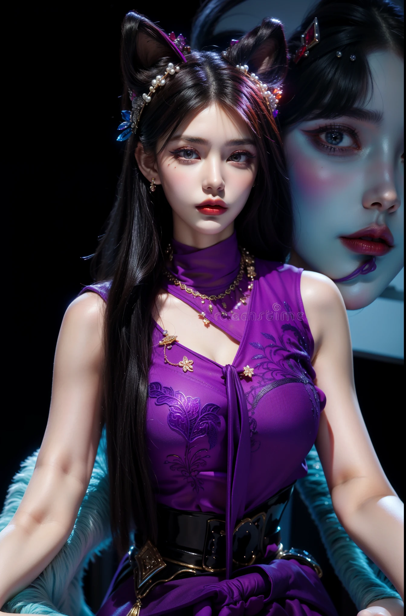 Royal princess,Extremely detailed, Delicate face, Stock Photography , Portrait 400, F1 Camera Lens.6, rich and colorful, Surrealism, Realistic textures, Dramatic Lighting, Thin Film Distiller 800 (8K, original photo, Better quality, masterpiece: 1.2), Extremely detailed, (Extremely delicate skin: 1.2), 8K ultra high definition, SLR camera, Soft Light, high quality.Fire Queen,Blue pupils,Wear red lipstick,Have a tattoo,The tattoo is very three-dimensional,Gorgeous and intricate tattoo designs,Dark eyeshadow,Sexy thick lips(Red lipstick),Gorgeous pearl and gemstone decoration,Cleopatra wore jewelry made of gold and precious stones.,The stunning Queen,
