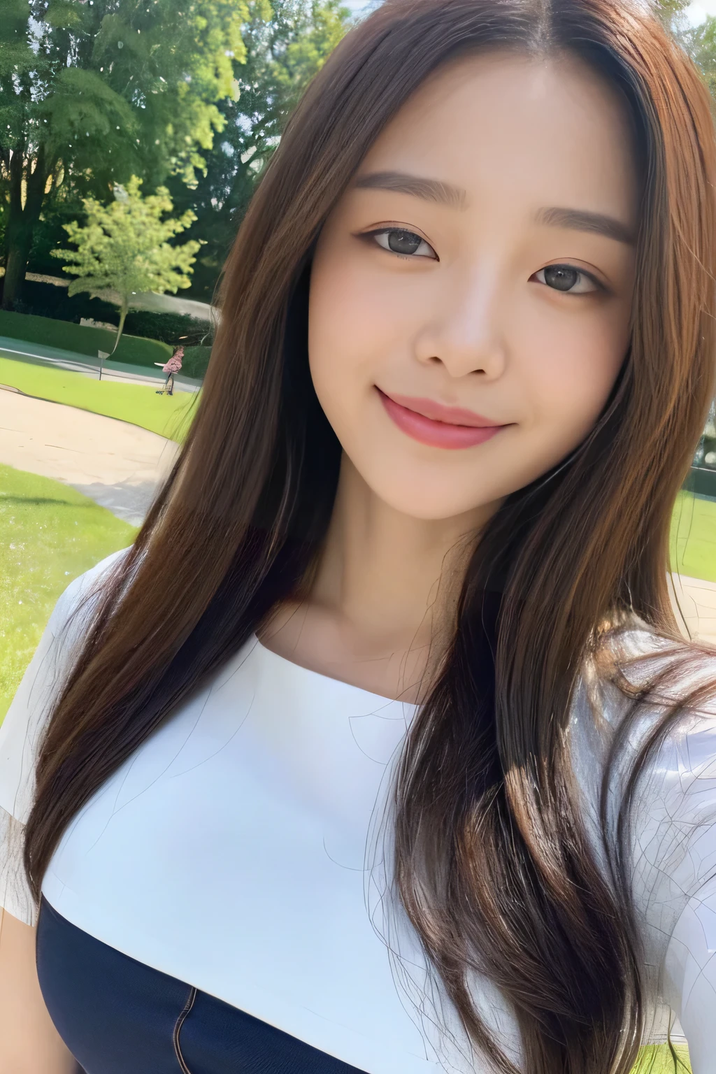 seed:1082546263.((close-up:1.1)).((Full body angle:)).((Highest quality, 8k, masterpiece:1.3)), ((from below:1.1)).concentrated:1.2, Perfect body beauty:1.4, Hips:1.2, ((Delicate Hair)), (Vibrant color block short sleeve crop top for women,Shorts :1.1) , ((Highest quality、8k、masterpiece:1.3))、1 A cute smile、Esbian all over body、Slim face、Big Boobs、Beautiful woman、(Dark Brown Hair)、Long Hair、1.1、Flickering Valley、Detailed eyes、double eyelid、Blurred Background、超Slim face、smiling face、Cross your arms、Looking down、Walking in the park、